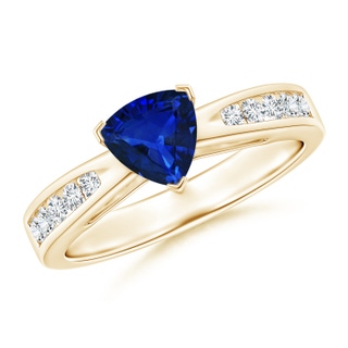 6mm AAAA Trillion Blue Sapphire Solitaire Ring with Diamond Accents in Yellow Gold