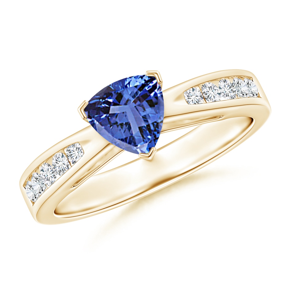 6mm AA Trillion Tanzanite Solitaire Ring with Diamond Accents in Yellow Gold 