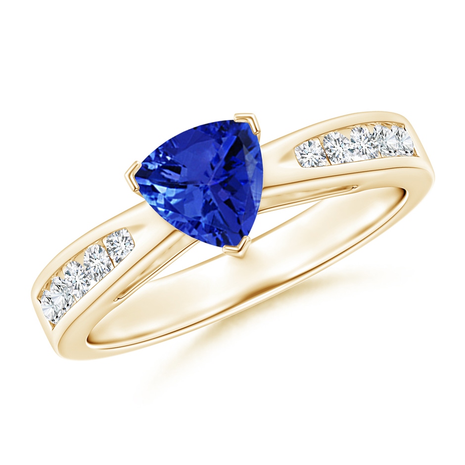 6mm AAA Trillion Tanzanite Solitaire Ring with Diamond Accents in Yellow Gold 