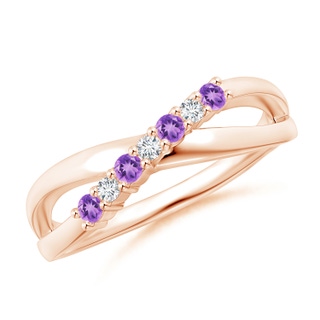 2mm A Round Amethyst and Diamond Crossover Ring in 9K Rose Gold