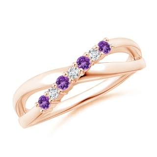 2mm AA Round Amethyst and Diamond Crossover Ring in 9K Rose Gold