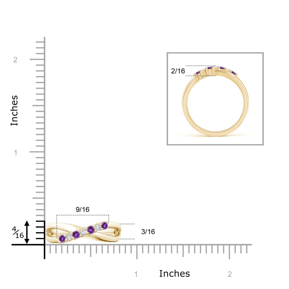 2mm AAA Round Amethyst and Diamond Crossover Ring in Yellow Gold Ruler