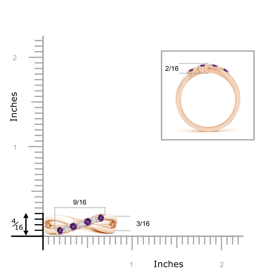 2mm AAAA Round Amethyst and Diamond Crossover Ring in Rose Gold Ruler
