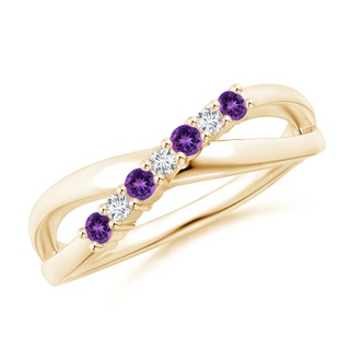2mm AAAA Round Amethyst and Diamond Crossover Ring in Yellow Gold