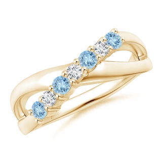 2.5mm AAA Round Aquamarine and Diamond Crossover Ring in Yellow Gold