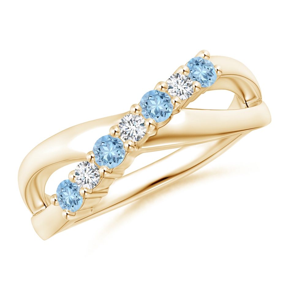 2.5mm AAA Round Aquamarine and Diamond Crossover Ring in Yellow Gold 