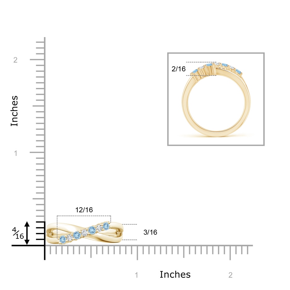 2.5mm AAA Round Aquamarine and Diamond Crossover Ring in Yellow Gold Ruler