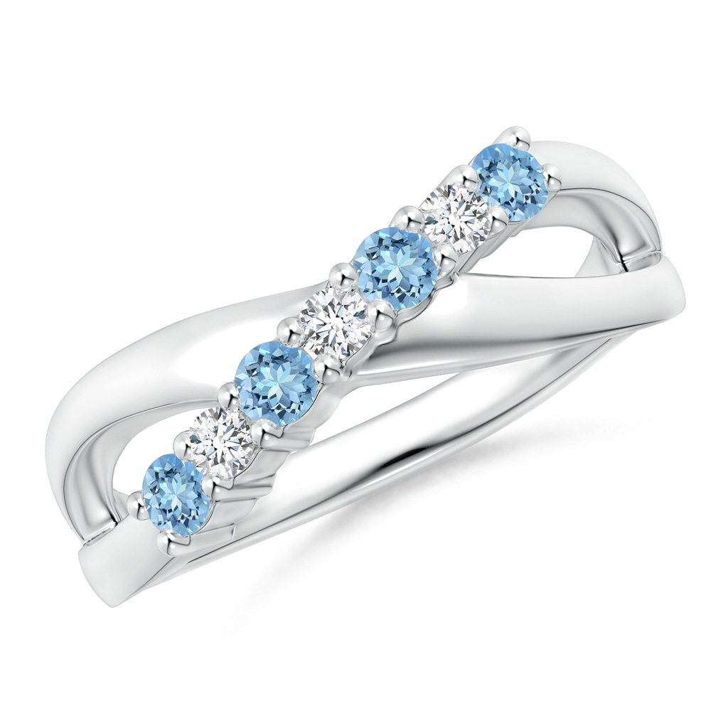 2.5mm AAAA Round Aquamarine and Diamond Crossover Ring in White Gold