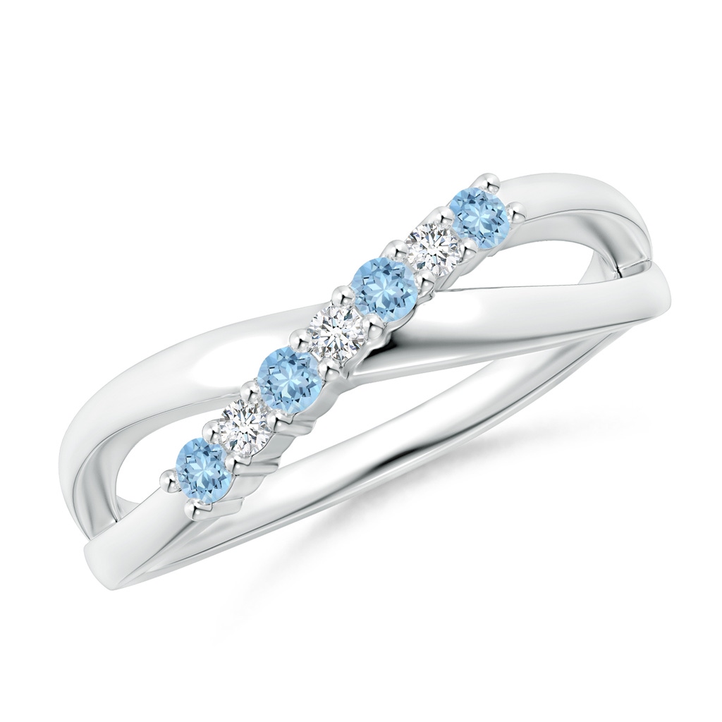 2mm AAA Round Aquamarine and Diamond Crossover Ring in 9K White Gold