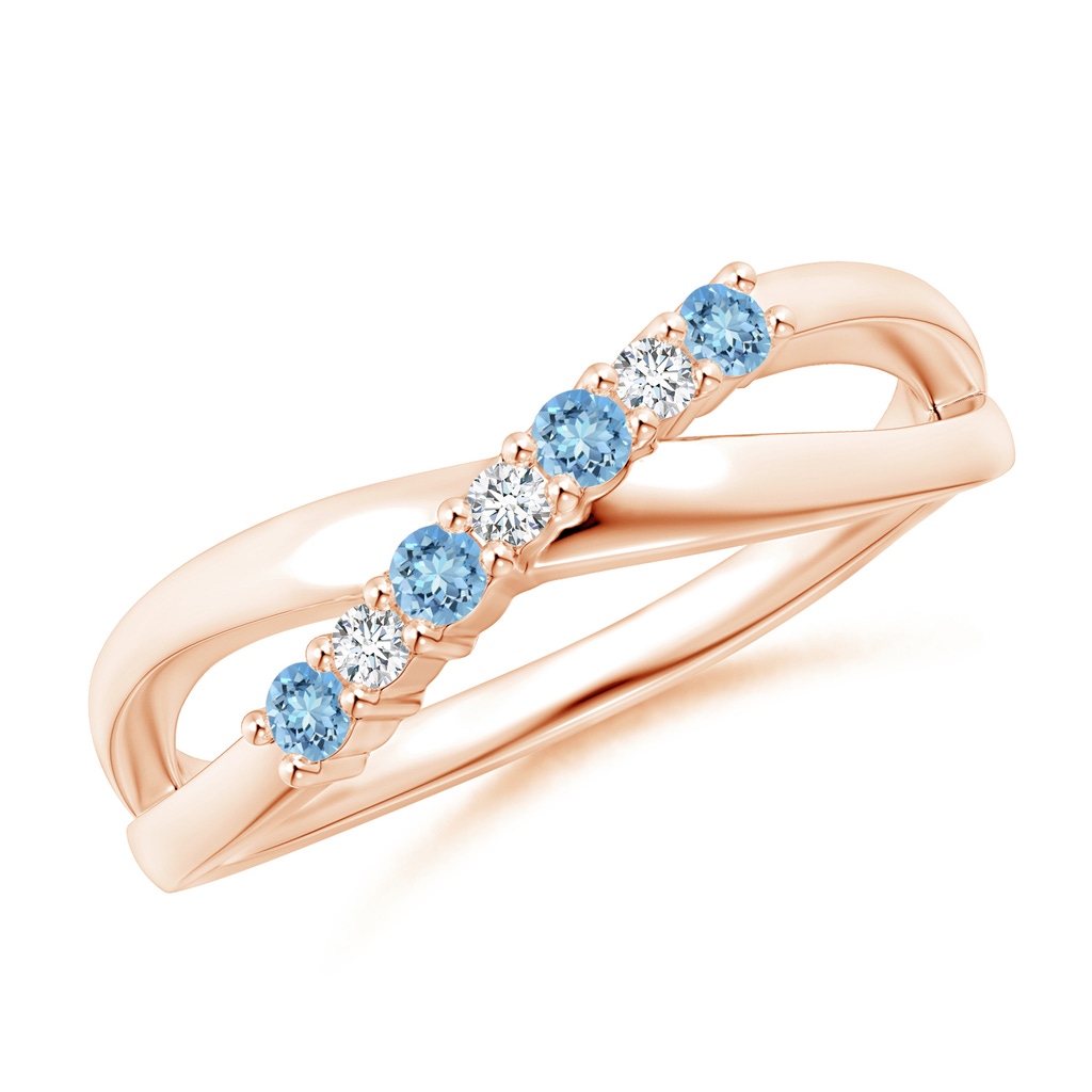 2mm AAAA Round Aquamarine and Diamond Crossover Ring in Rose Gold