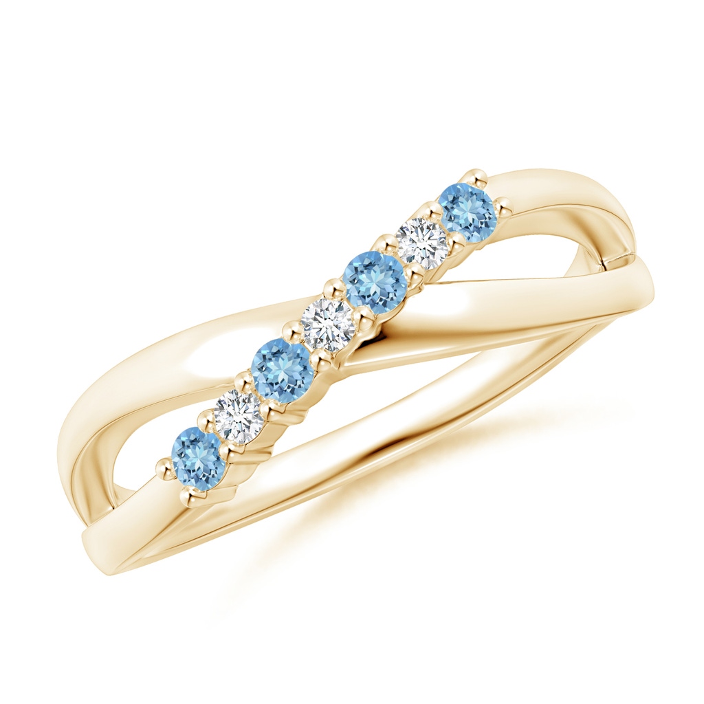 2mm AAAA Round Aquamarine and Diamond Crossover Ring in Yellow Gold