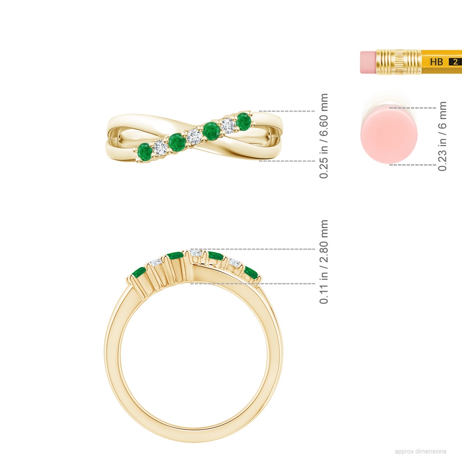 2.5mm AA Round Emerald and Diamond Crossover Ring in Yellow Gold ruler