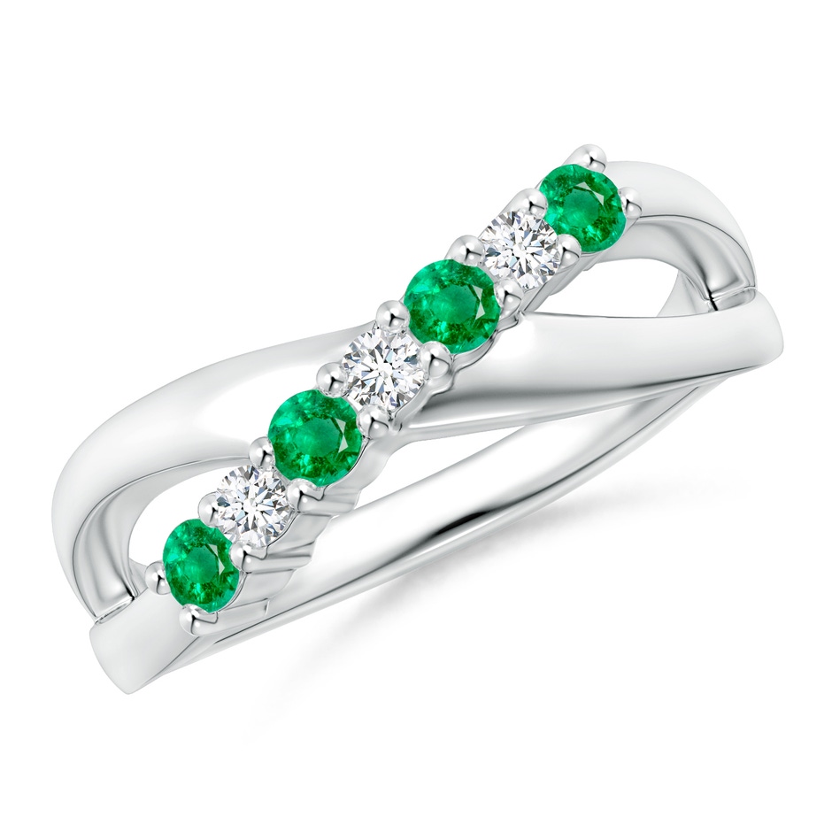 2.5mm AAA Round Emerald and Diamond Crossover Ring in White Gold 