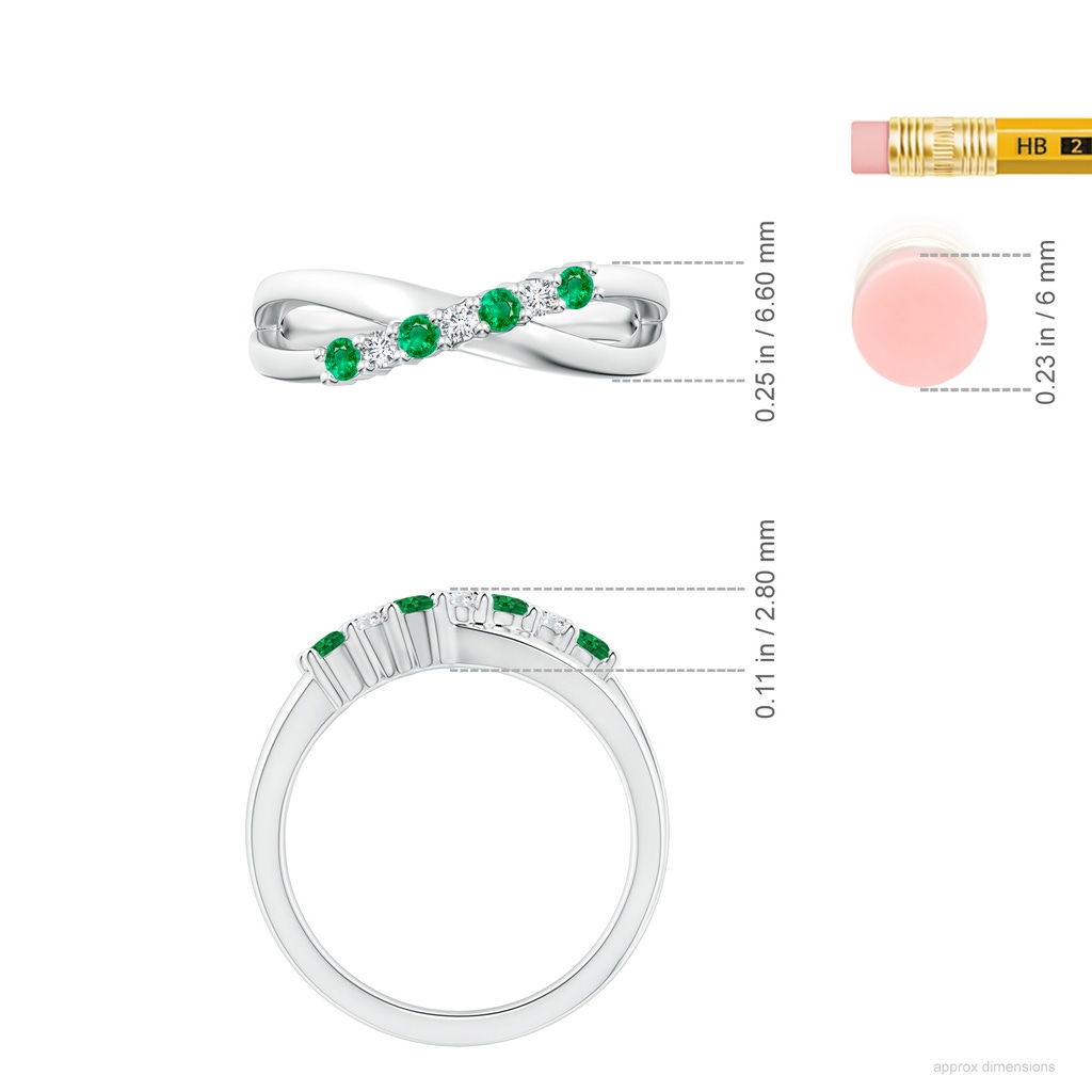 2.5mm AAA Round Emerald and Diamond Crossover Ring in White Gold ruler