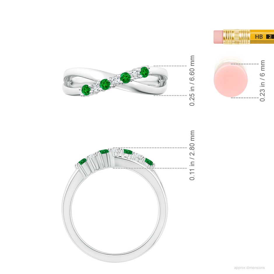 2.5mm AAAA Round Emerald and Diamond Crossover Ring in P950 Platinum ruler