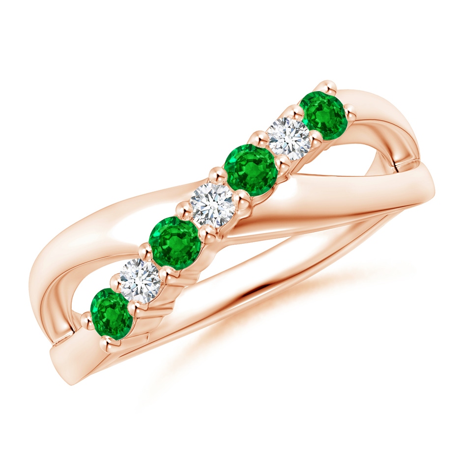 2.5mm AAAA Round Emerald and Diamond Crossover Ring in Rose Gold 