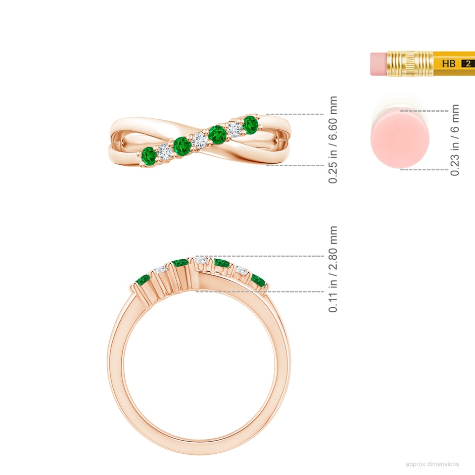 2.5mm AAAA Round Emerald and Diamond Crossover Ring in Rose Gold ruler