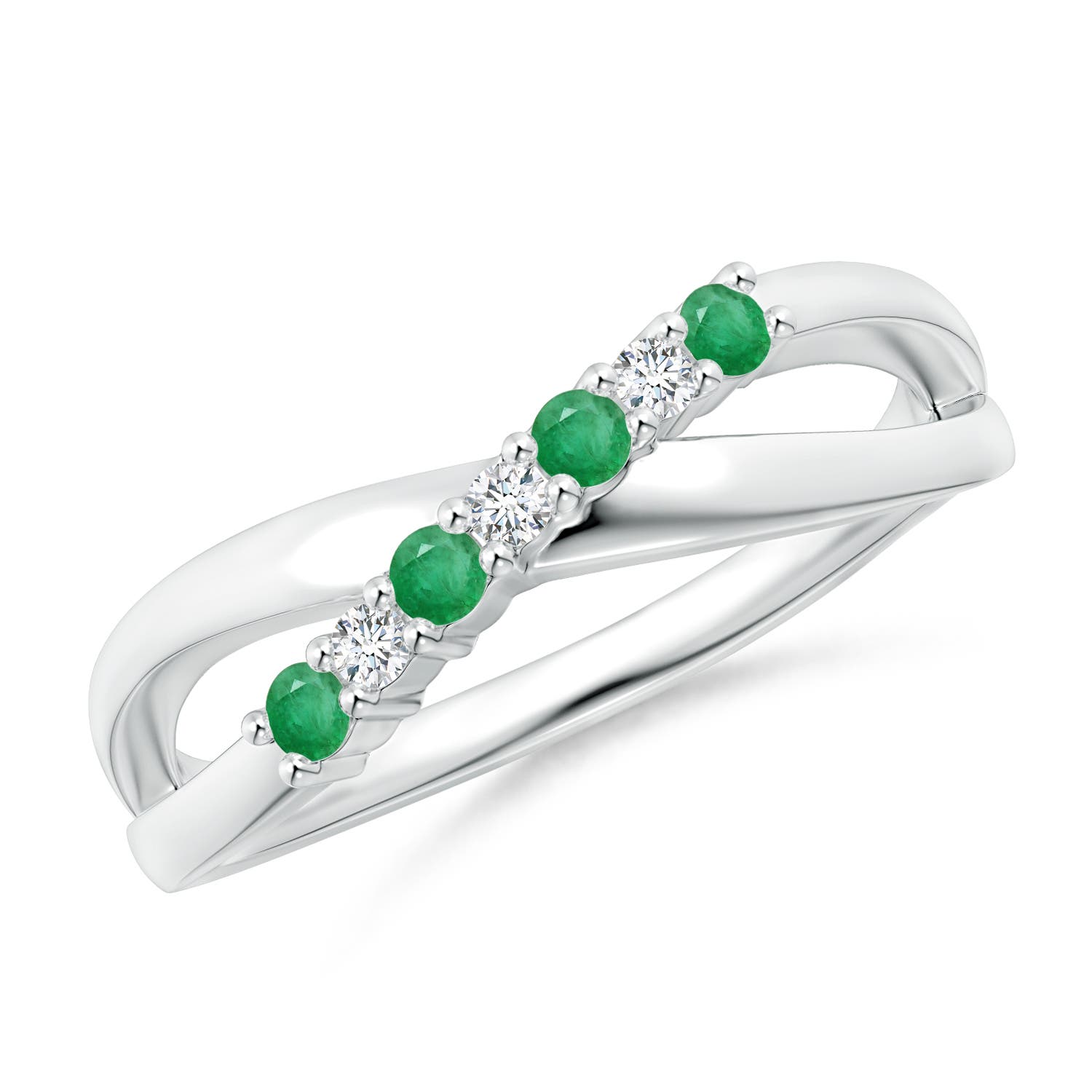 2mm A Round Emerald and Diamond Crossover Ring in P950 Platinum