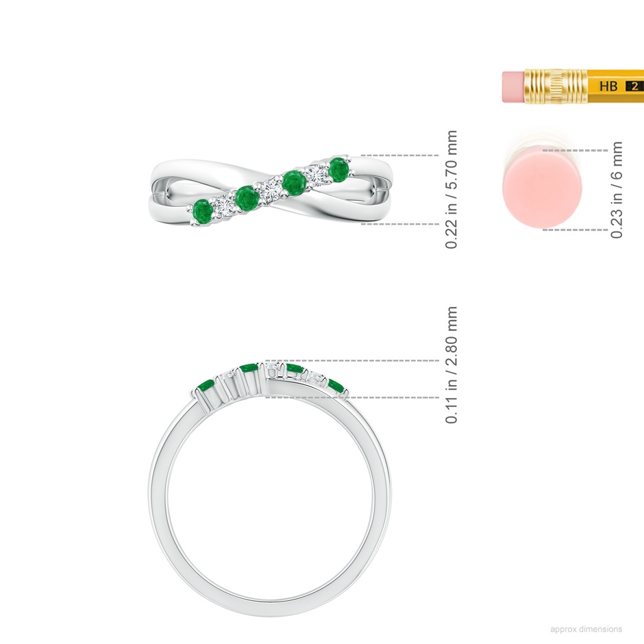 2mm AA Round Emerald and Diamond Crossover Ring in P950 Platinum ruler