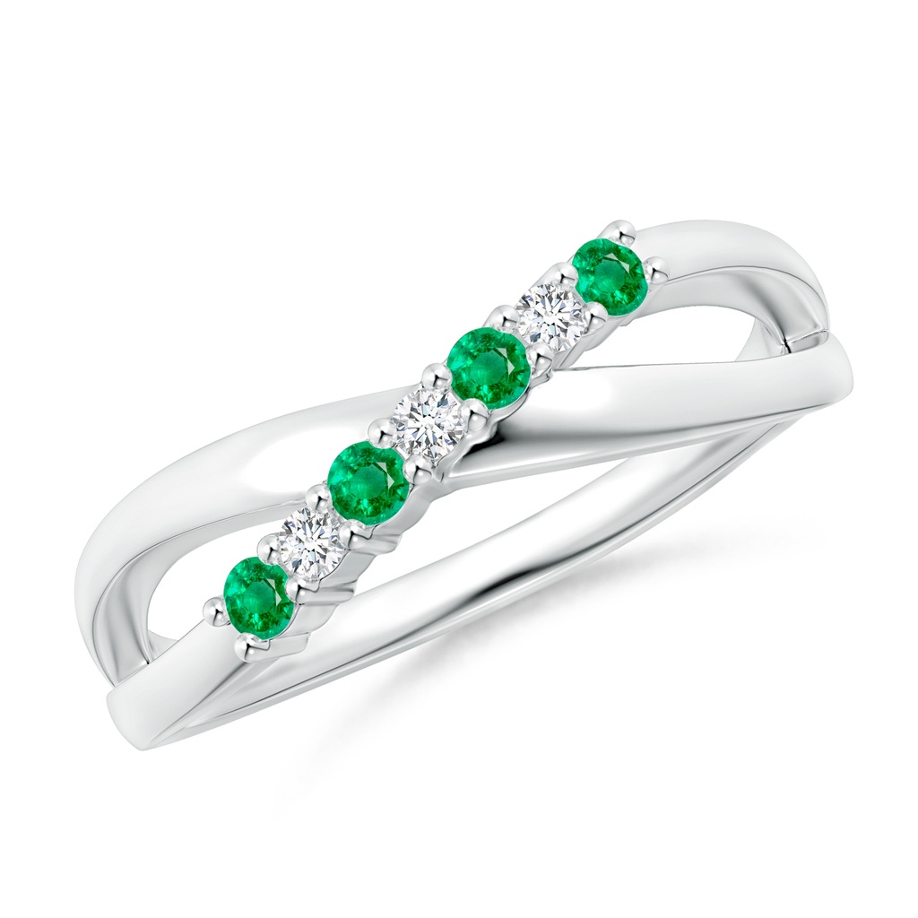 2mm AAA Round Emerald and Diamond Crossover Ring in 10K White Gold