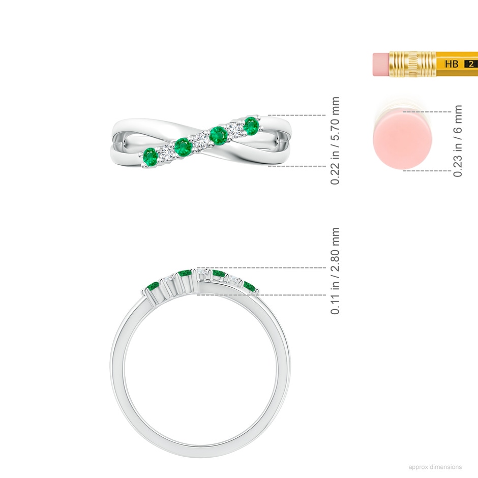 2mm AAA Round Emerald and Diamond Crossover Ring in P950 Platinum ruler
