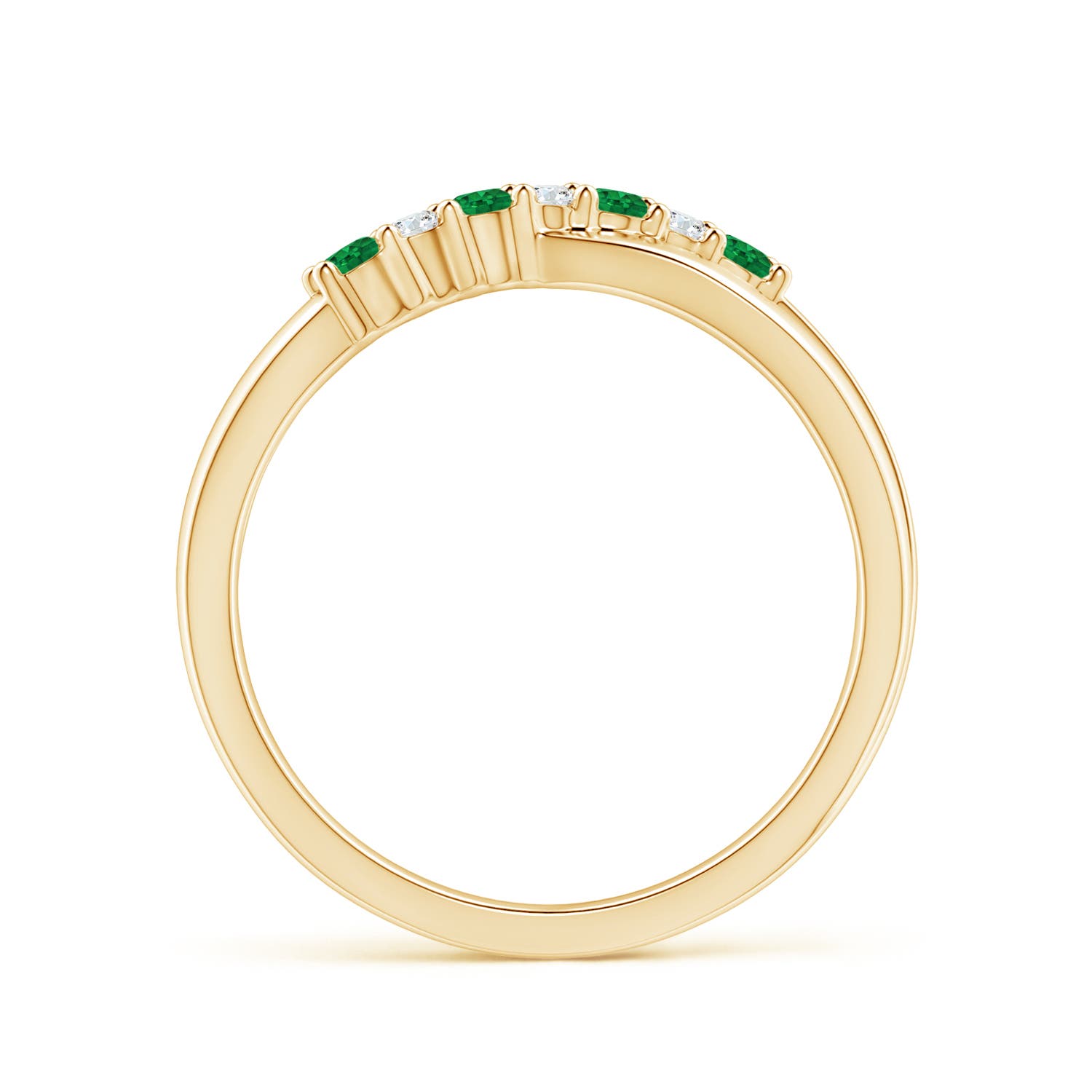 2mm AAA Round Emerald and Diamond Crossover Ring in Yellow Gold