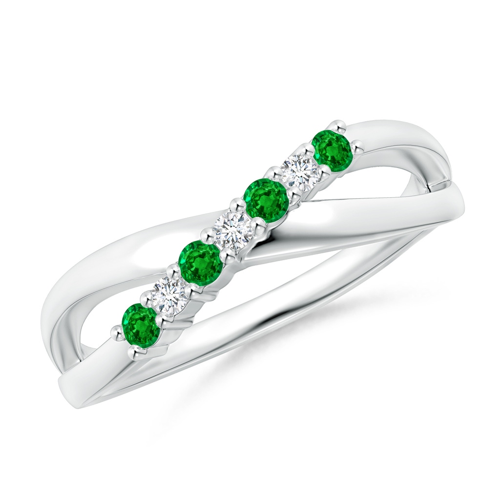 2mm AAAA Round Emerald and Diamond Crossover Ring in P950 Platinum