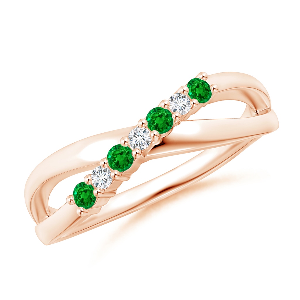 2mm AAAA Round Emerald and Diamond Crossover Ring in Rose Gold