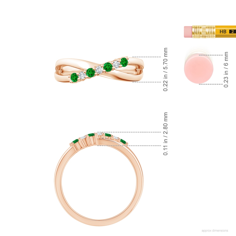 2mm AAAA Round Emerald and Diamond Crossover Ring in Rose Gold ruler