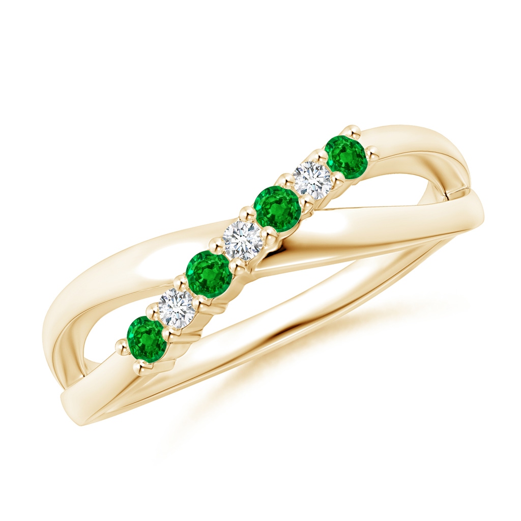 2mm AAAA Round Emerald and Diamond Crossover Ring in Yellow Gold