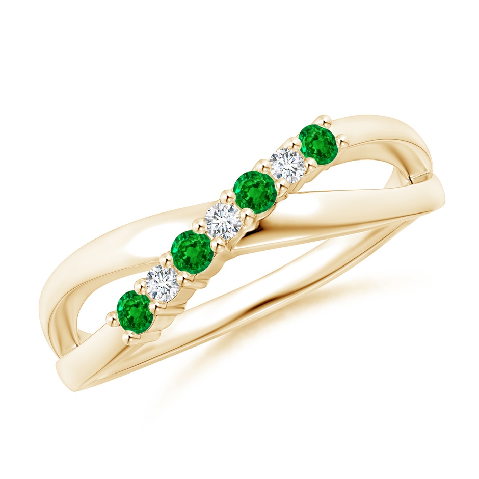 2mm AAAA Round Emerald and Diamond Crossover Ring in Yellow Gold 