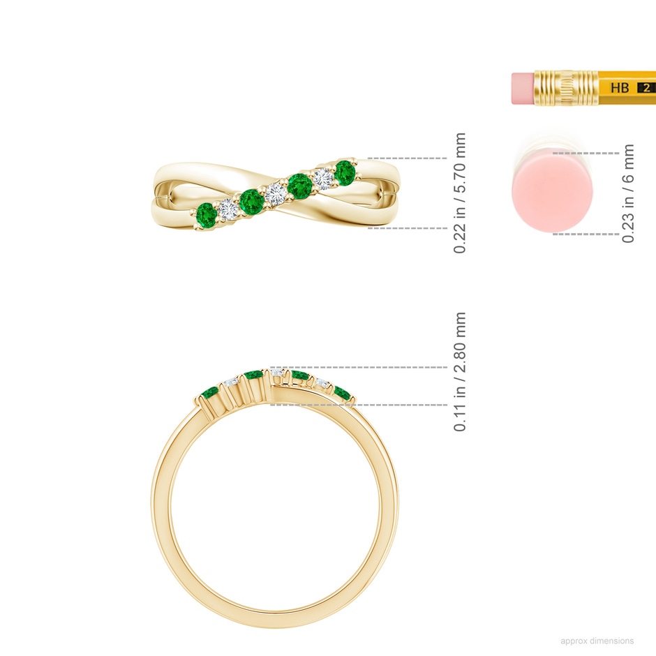 2mm AAAA Round Emerald and Diamond Crossover Ring in Yellow Gold ruler