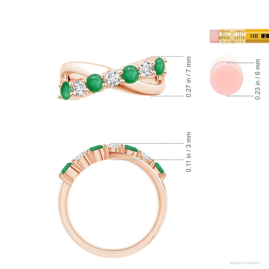 3.5mm A Round Emerald and Diamond Crossover Ring in Rose Gold ruler
