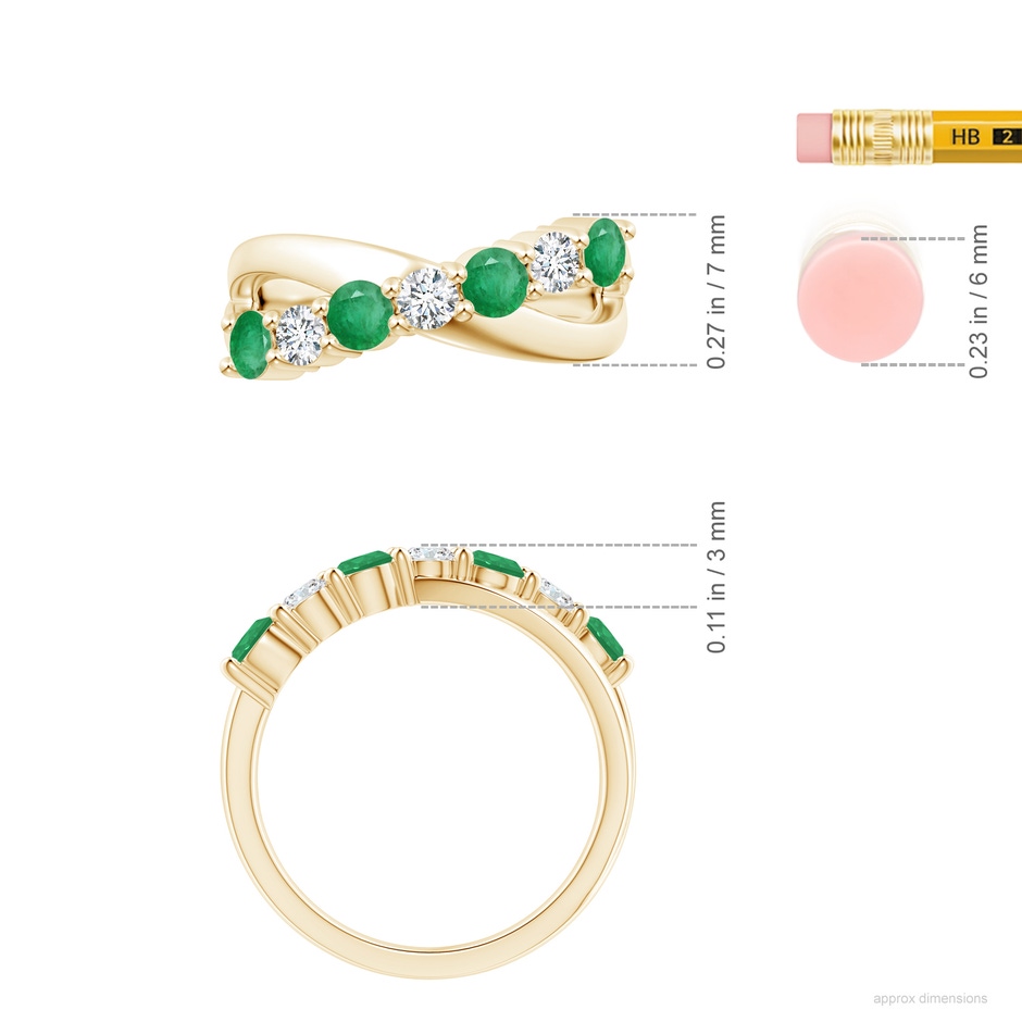 3.5mm A Round Emerald and Diamond Crossover Ring in Yellow Gold ruler
