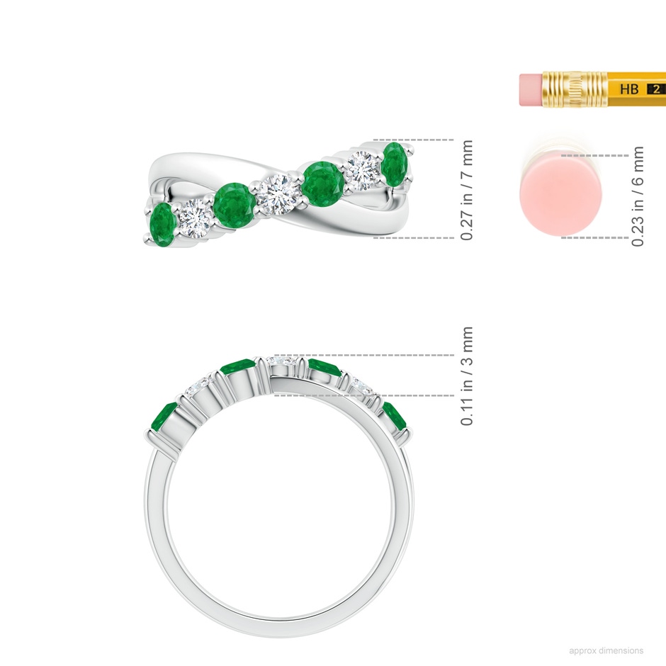 3.5mm AA Round Emerald and Diamond Crossover Ring in White Gold ruler