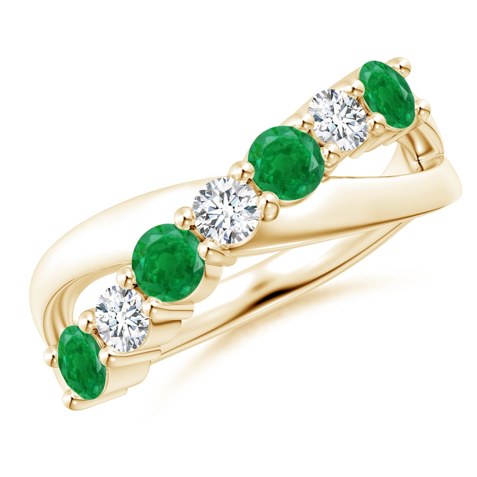 3.5mm AA Round Emerald and Diamond Crossover Ring in Yellow Gold 