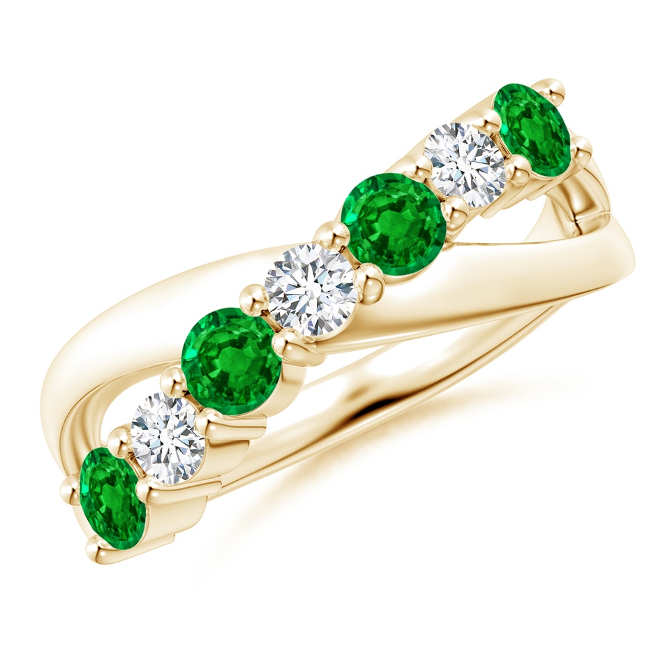 3.5mm AAAA Round Emerald and Diamond Crossover Ring in Yellow Gold 