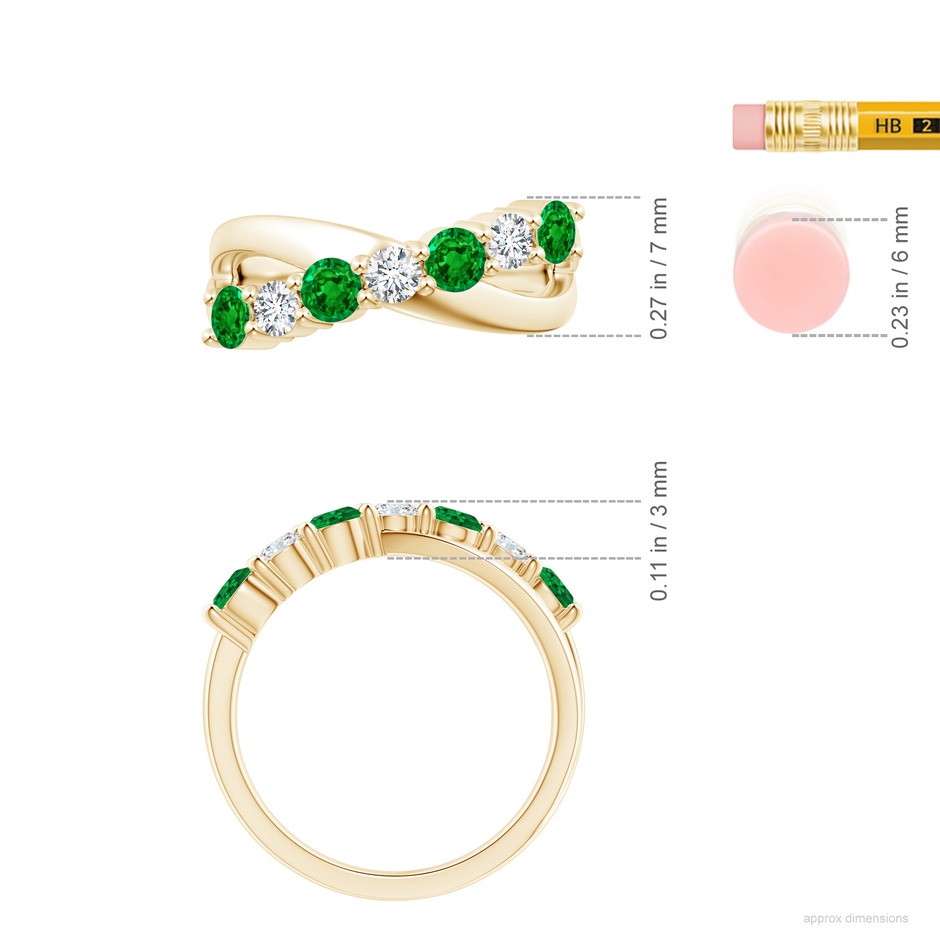 3.5mm AAAA Round Emerald and Diamond Crossover Ring in Yellow Gold ruler