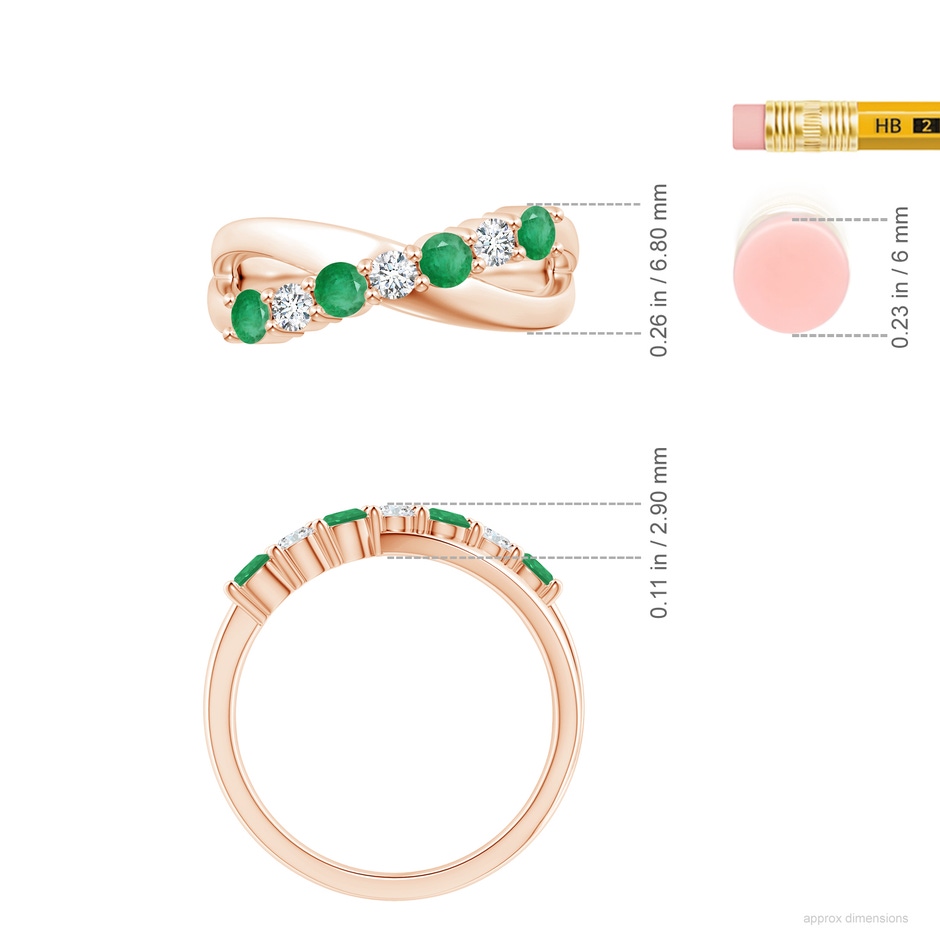 3mm A Round Emerald and Diamond Crossover Ring in Rose Gold ruler