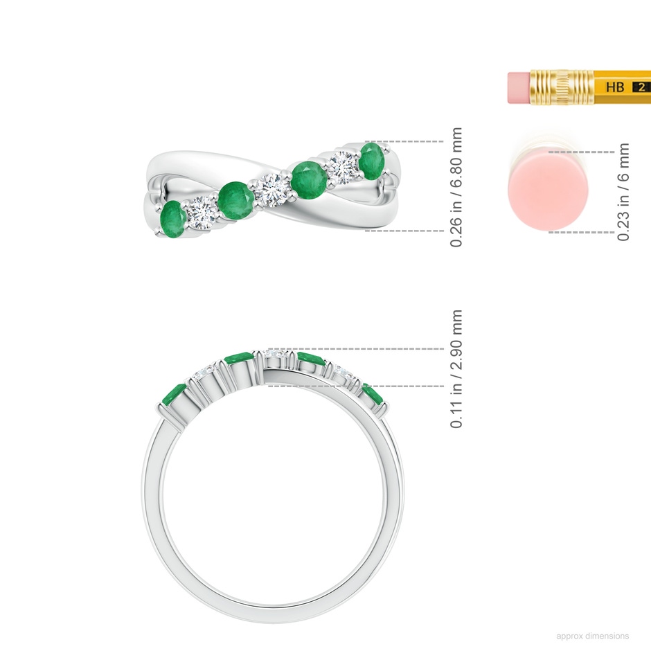 3mm A Round Emerald and Diamond Crossover Ring in White Gold ruler