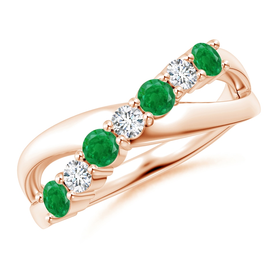3mm AA Round Emerald and Diamond Crossover Ring in Rose Gold 