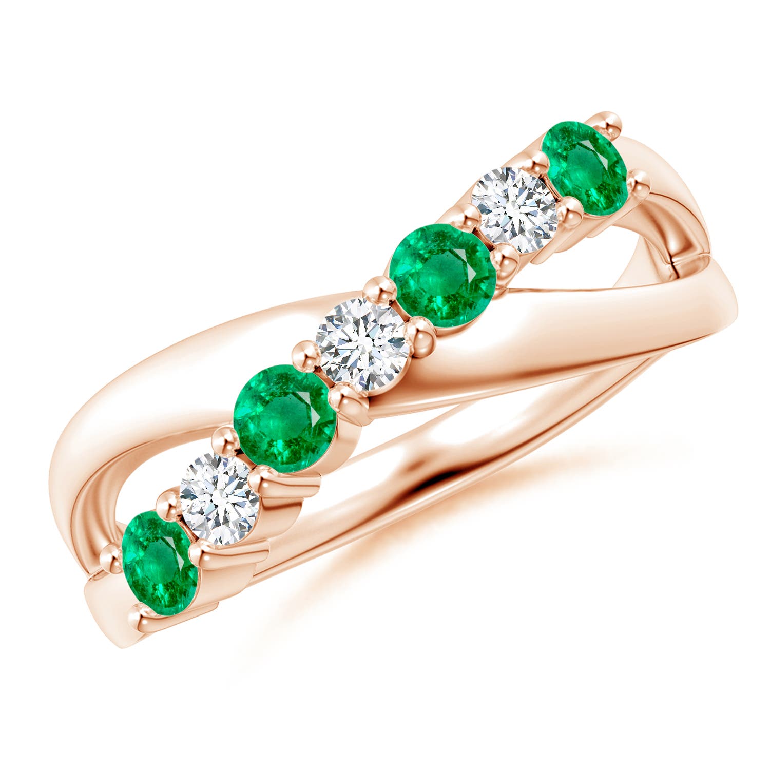 3mm AAA Round Emerald and Diamond Crossover Ring in Rose Gold