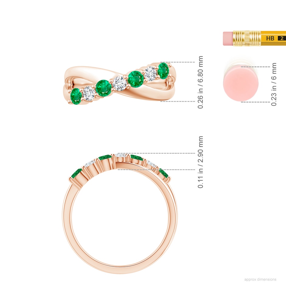 3mm AAA Round Emerald and Diamond Crossover Ring in Rose Gold ruler