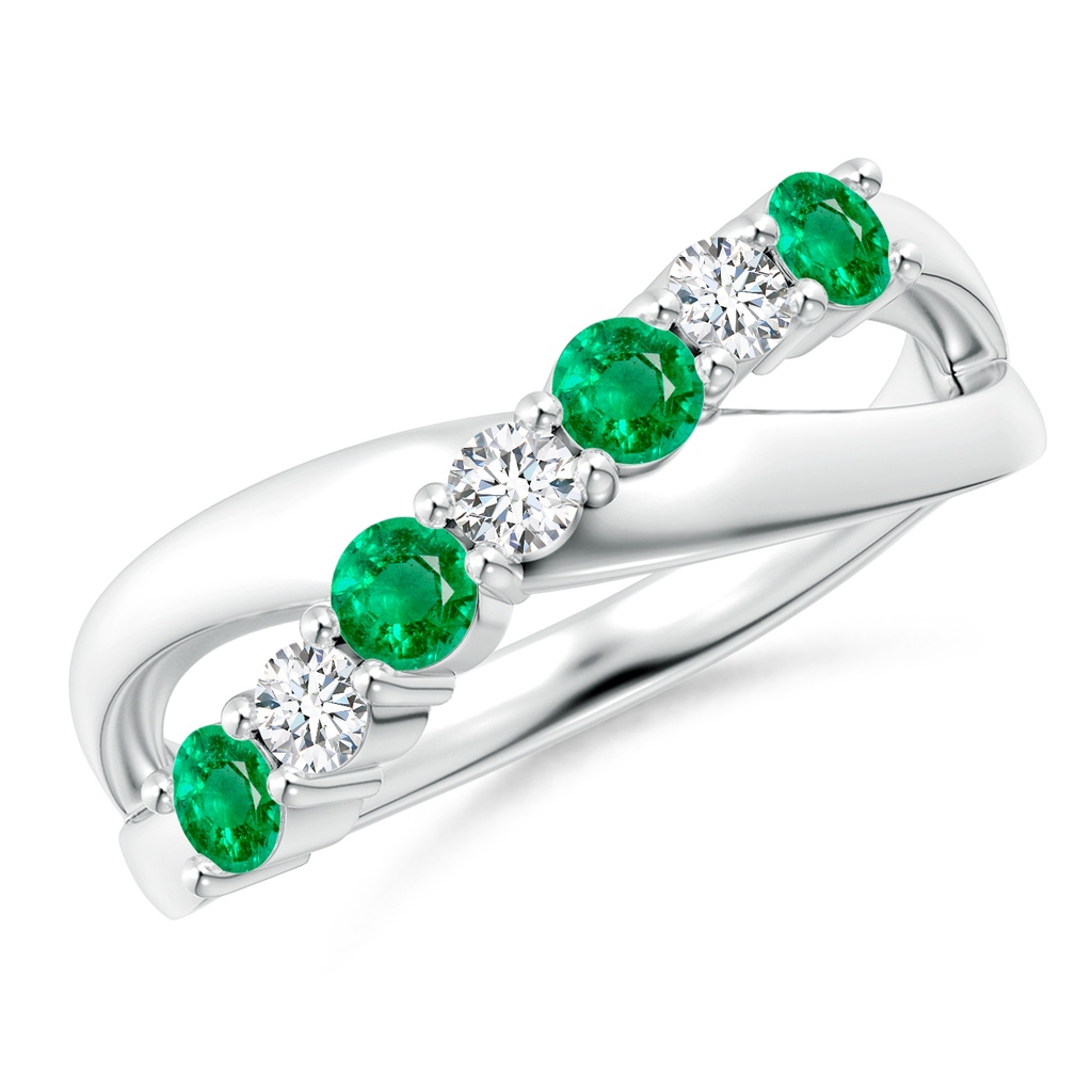 3mm AAA Round Emerald and Diamond Crossover Ring in White Gold