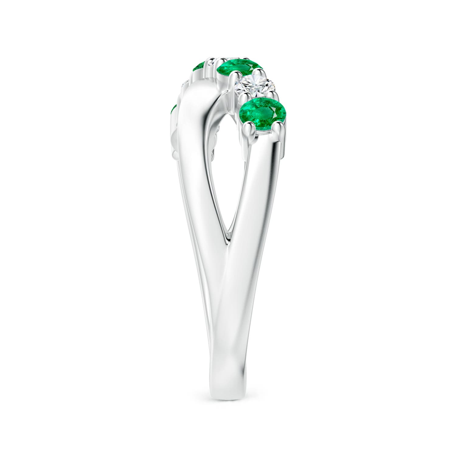 3mm AAA Round Emerald and Diamond Crossover Ring in White Gold - side 5