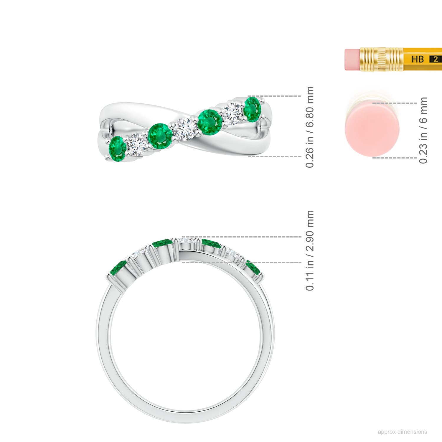 3mm AAA Round Emerald and Diamond Crossover Ring in White Gold - ruler
