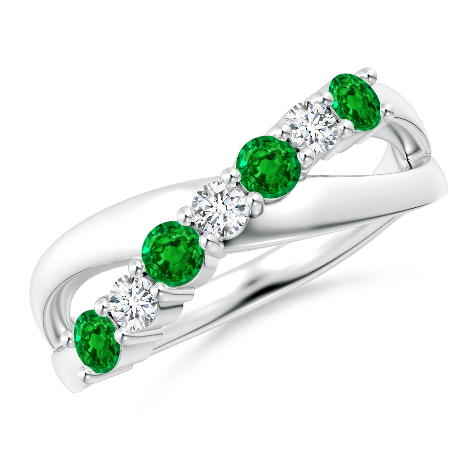 3mm AAAA Round Emerald and Diamond Crossover Ring in White Gold