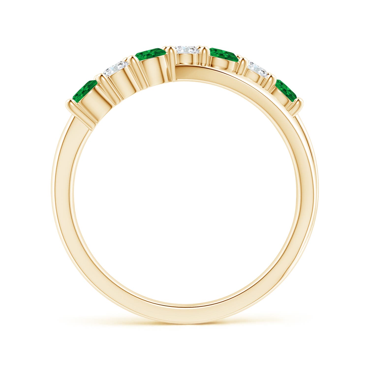 3mm AAAA Round Emerald and Diamond Crossover Ring in Yellow Gold