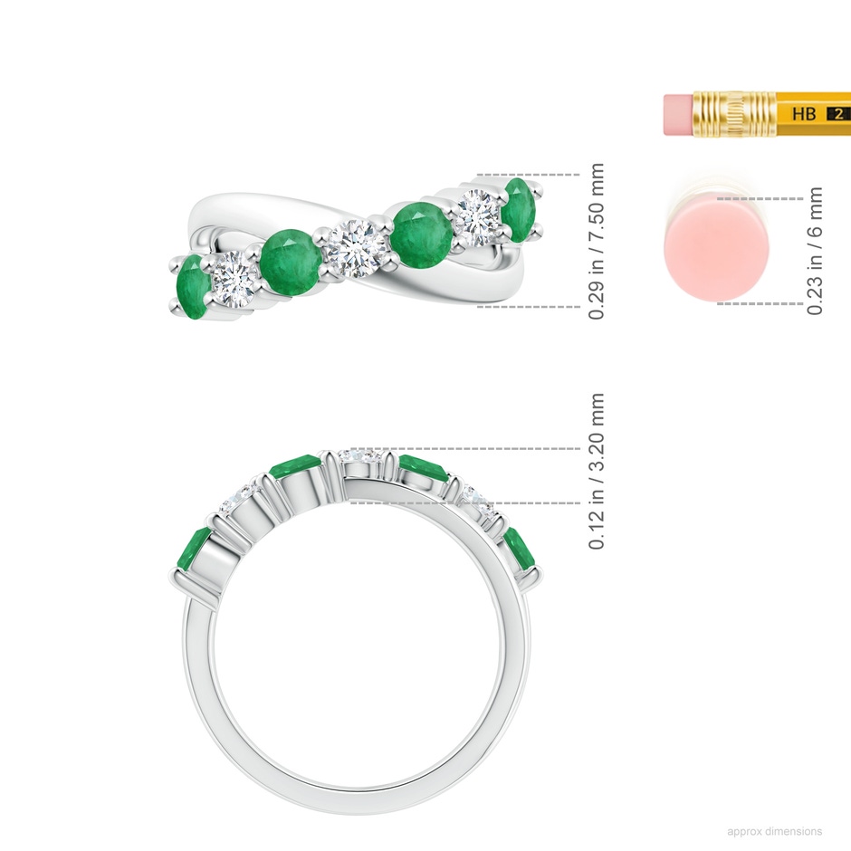 4mm A Round Emerald and Diamond Crossover Ring in White Gold ruler