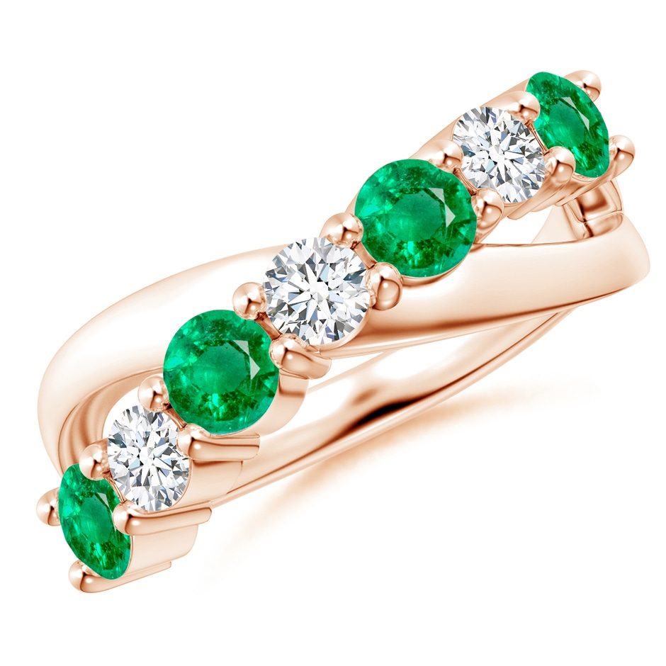 4mm AAA Round Emerald and Diamond Crossover Ring in 18K Rose Gold 
